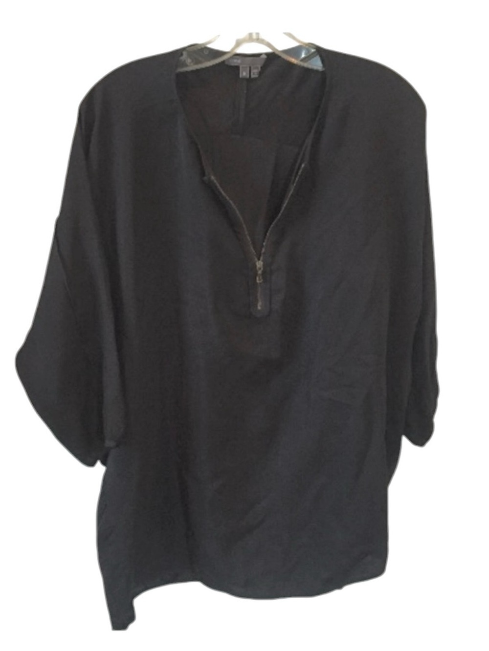 Vince Black Zip V-Neck Silk Top